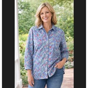 Foxcroft for Appleseed’s Button Down Shirt 14 Shaped Blue Floral Wrinkle Free